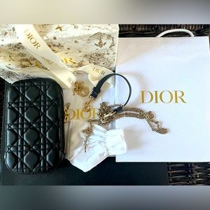 Christian Dior Lambskin Cannage Lady Dior Phone Holder with accessories